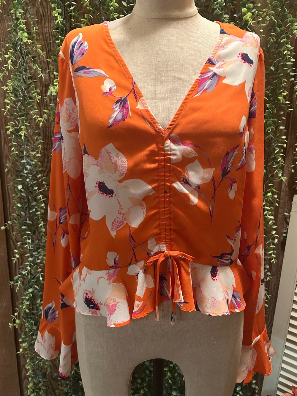 Women's Orange Floral V-Neck Tie-Front Blouse